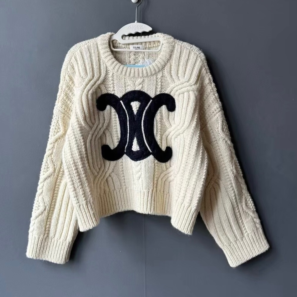 Celine Cream Cable Knit Sweater with Black Emblem
